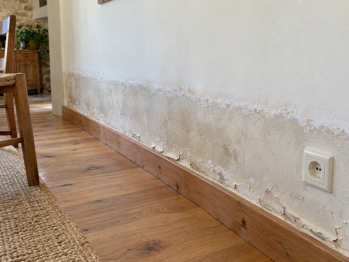 Bande humide à limite régulière et salpêtre en bas du mur : photo