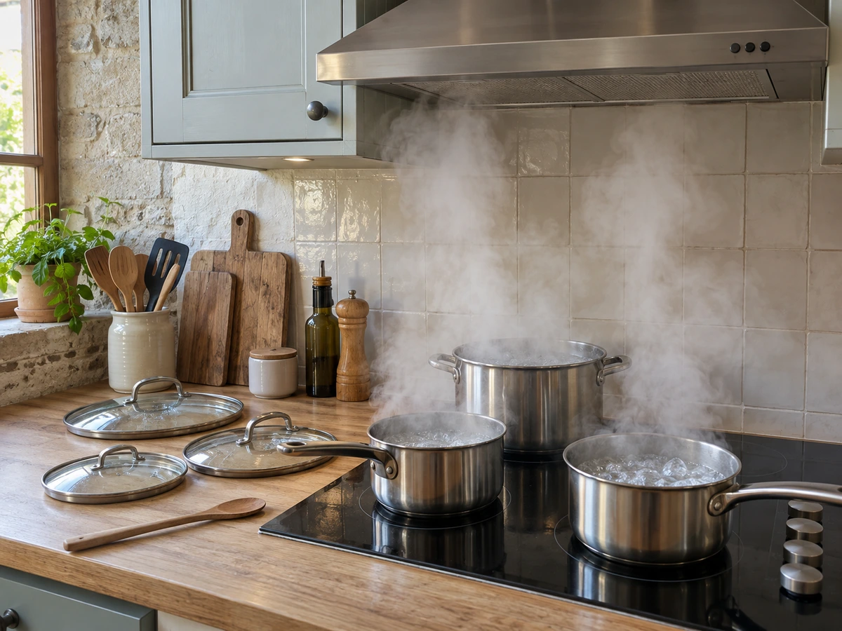 Casseroles qui bouillent sans couvercle : photo