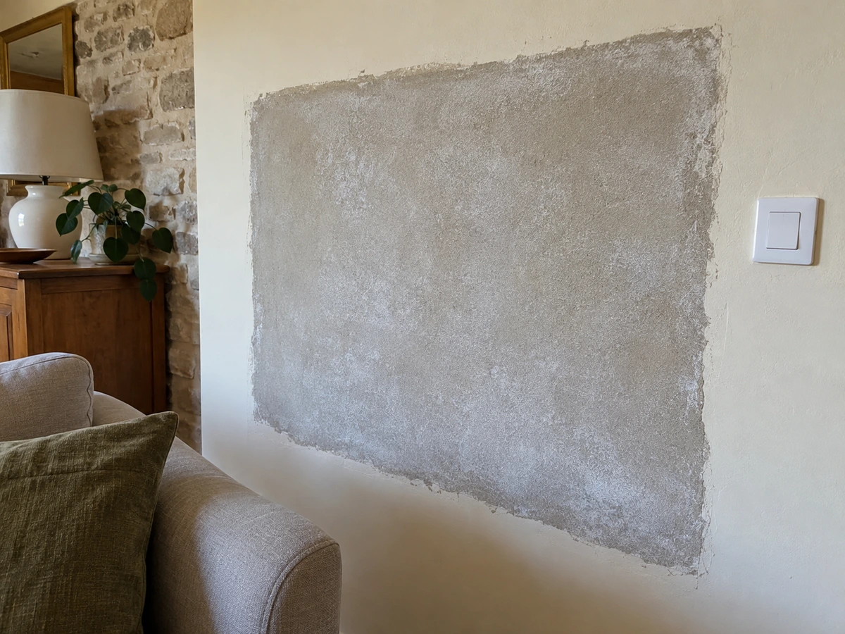 Voile blanc poudreux sur un enduit récent : photo