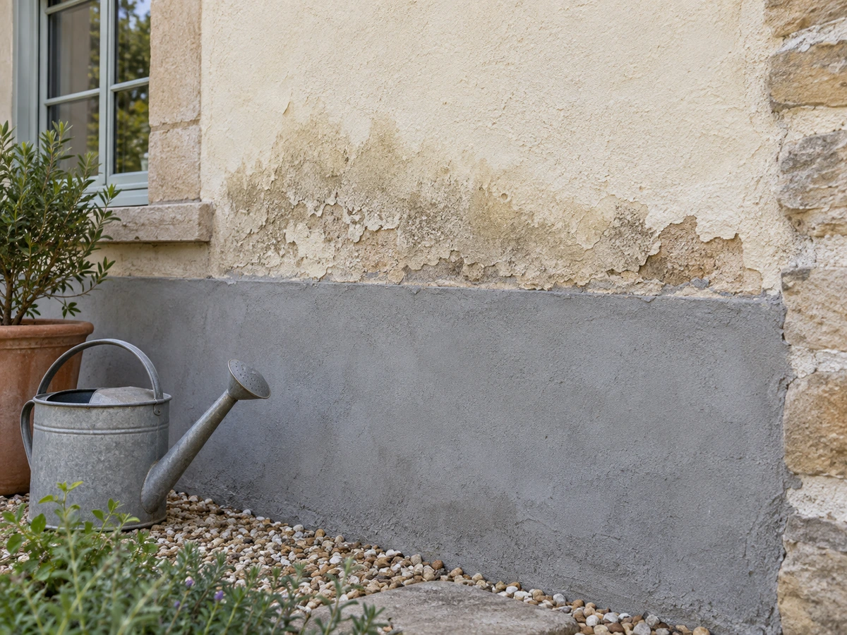 Enduit ciment étanche en bas d'un mur ancien : photo