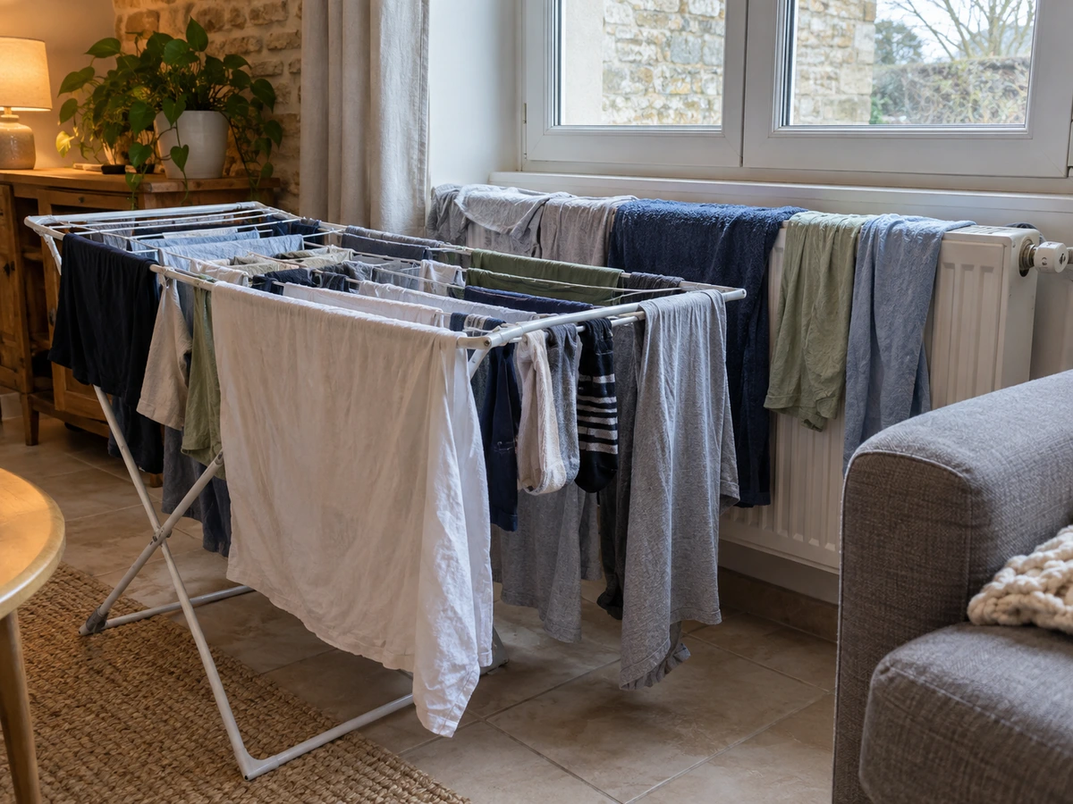 Étendoir au milieu du salon, linge sur le radiateur : photo