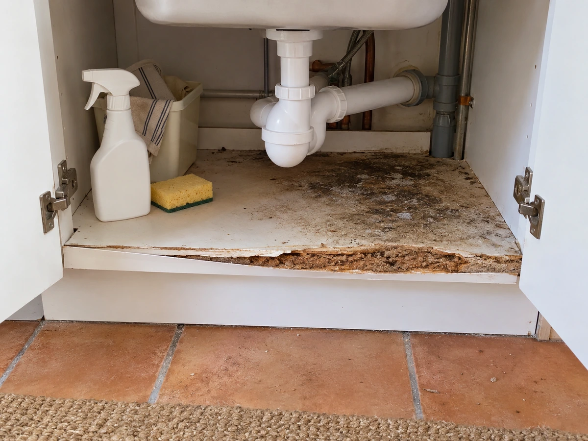 Meuble sous évier gonflé qui sent le moisi : photo