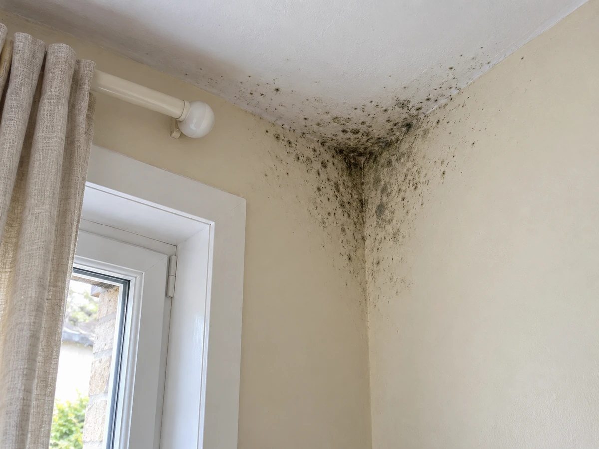 Points noirs en velours dans l'angle haut d'un mur extérieur : photo