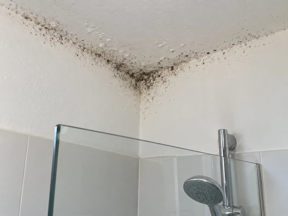 Taches noires dans les angles du plafond de la salle de bain : photo