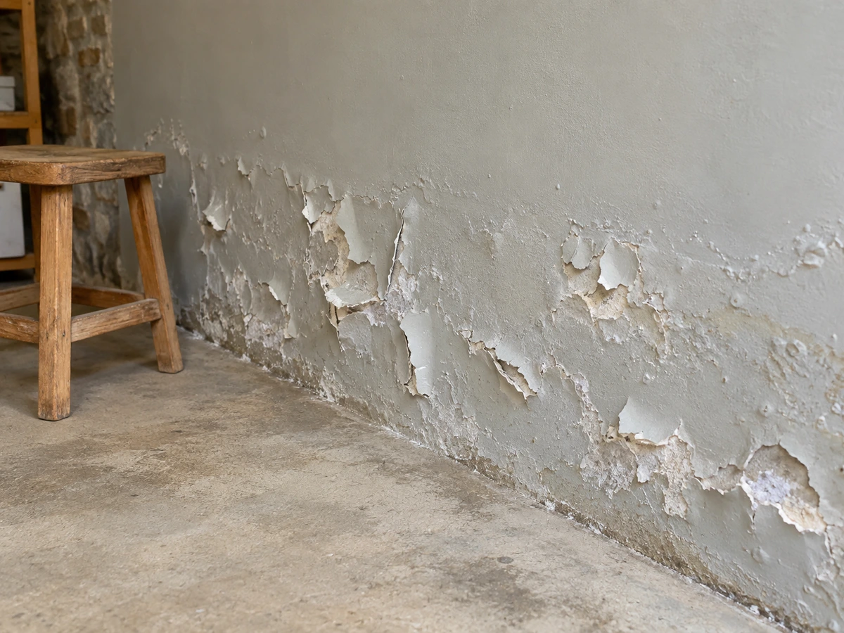 Peinture « anti-humidité » qui cloque en bas du mur : photo